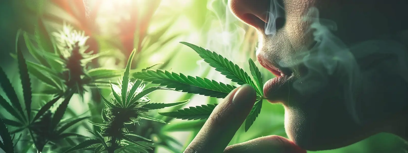 Closeup of a woman's lips and marijuana smoke with Marijuana leaves in the background